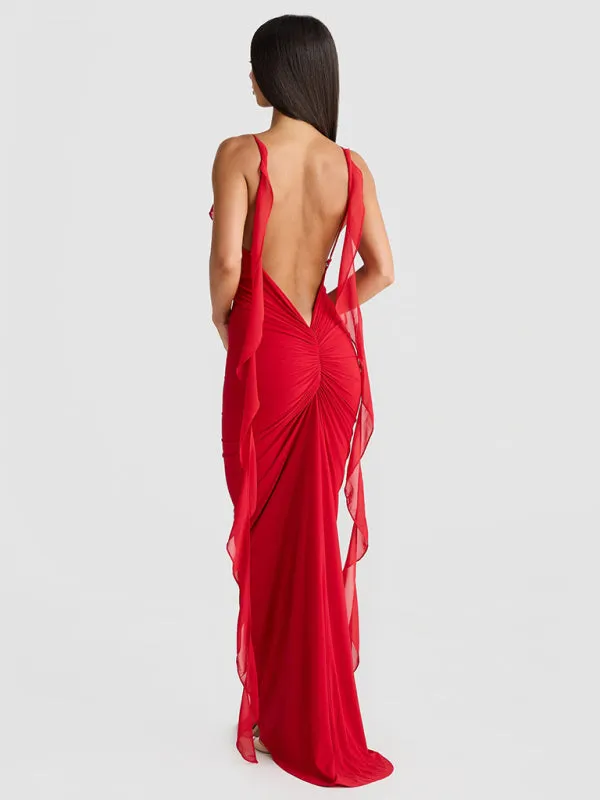 Ruched Backless Evening Gown with Chiffon Ruffle Straps for Prom