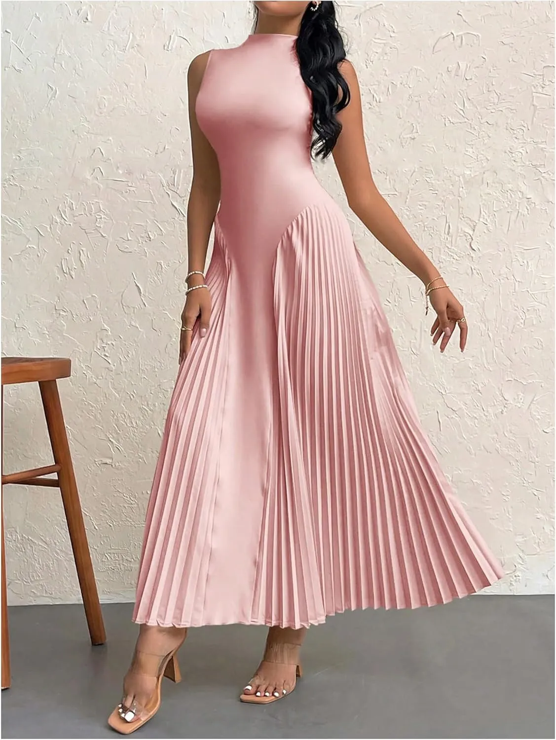 SOLY HUX Women's Maxi Dress Sleeveless Pleated A Line Mock Neck Flowy Long Dresses