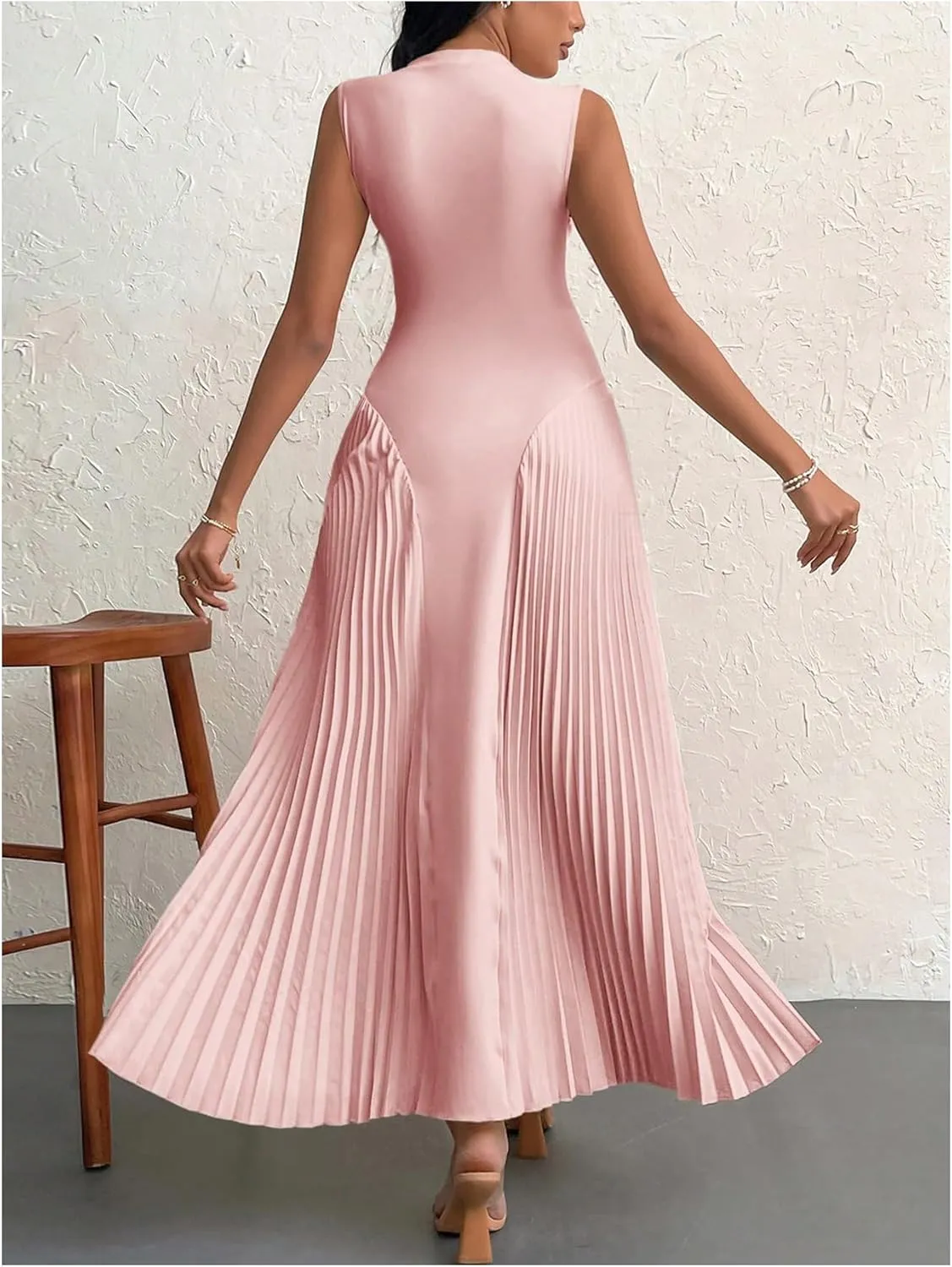 SOLY HUX Women's Maxi Dress Sleeveless Pleated A Line Mock Neck Flowy Long Dresses