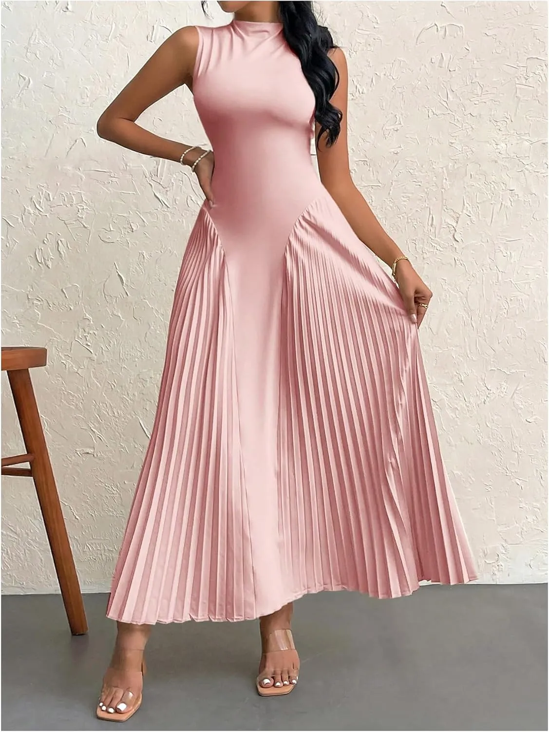 SOLY HUX Women's Maxi Dress Sleeveless Pleated A Line Mock Neck Flowy Long Dresses