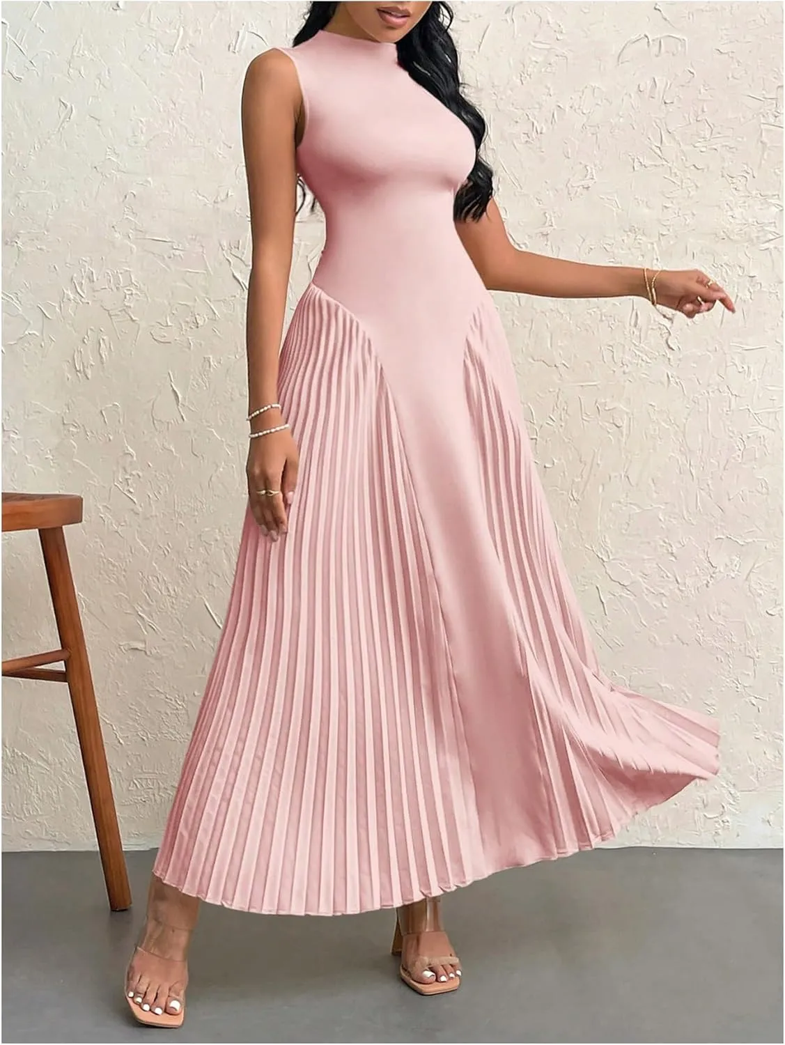 SOLY HUX Women's Maxi Dress Sleeveless Pleated A Line Mock Neck Flowy Long Dresses