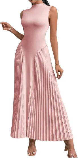 SOLY HUX Women's Maxi Dress Sleeveless Pleated A Line Mock Neck Flowy Long Dresses