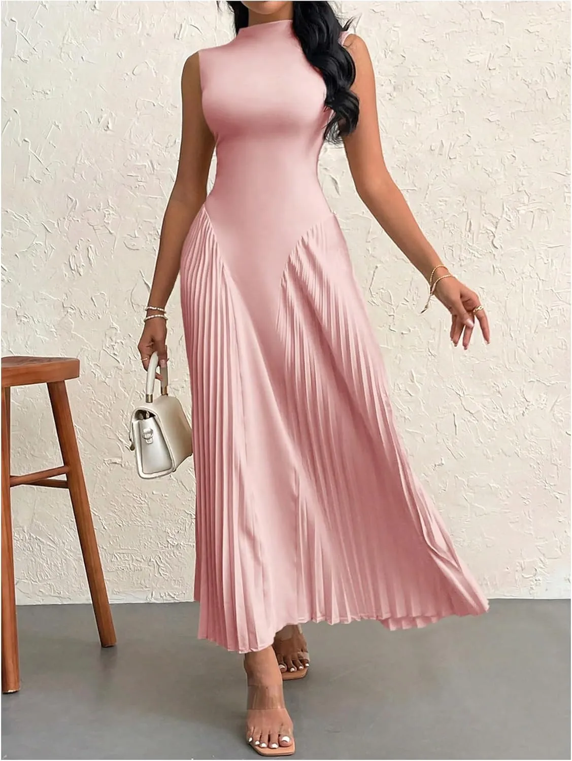 SOLY HUX Women's Maxi Dress Sleeveless Pleated A Line Mock Neck Flowy Long Dresses