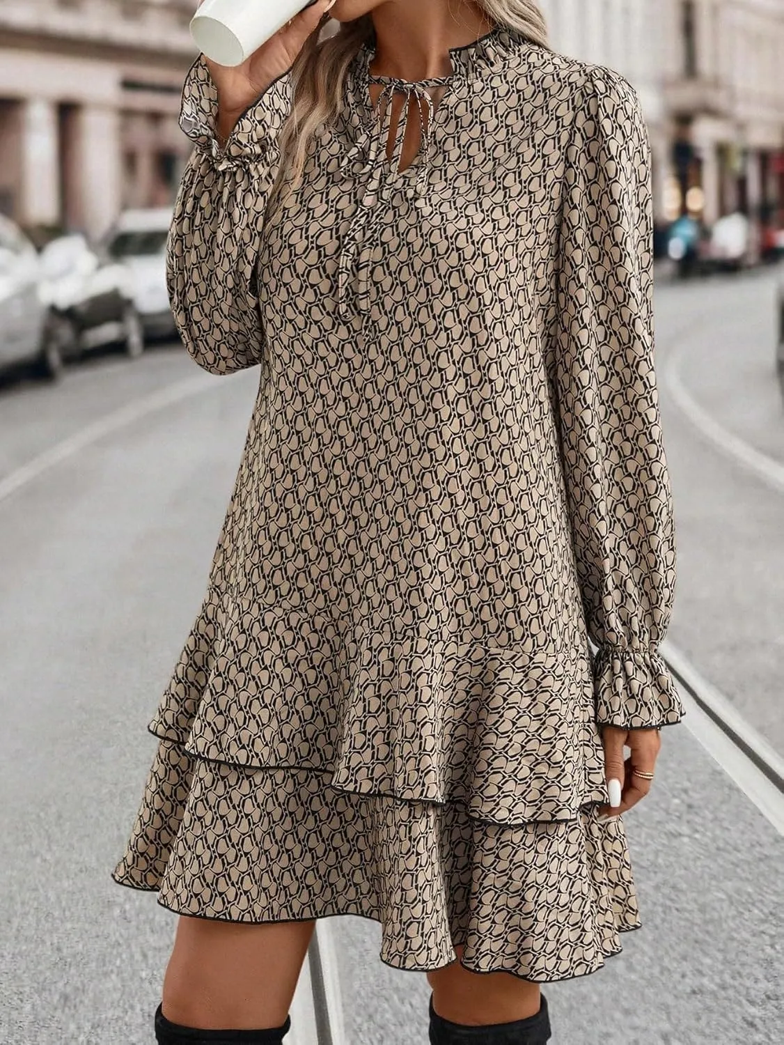 SweatyRocks Women's Casual Long Sleeve Allover Print Smock Dress Tie Neck Tiered Ruffle Hem Fall Dresses