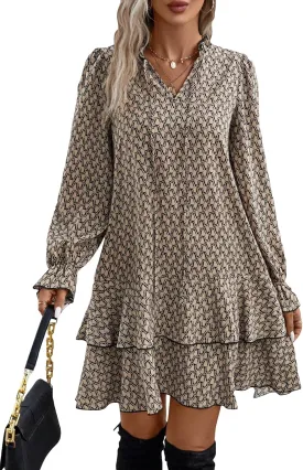 SweatyRocks Women's Casual Long Sleeve Allover Print Smock Dress Tie Neck Tiered Ruffle Hem Fall Dresses