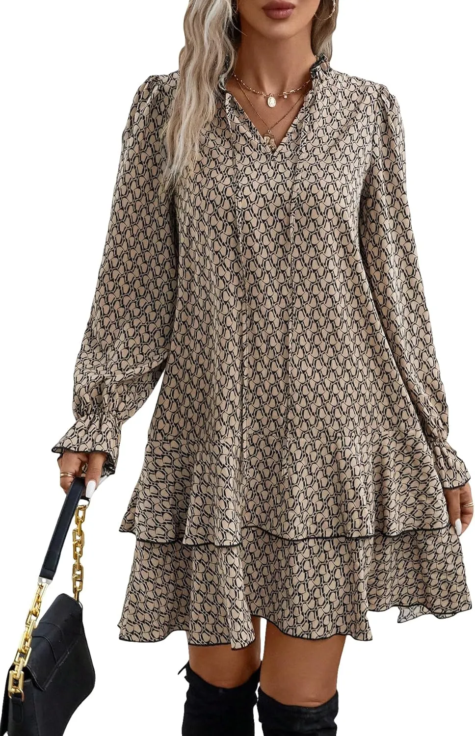 SweatyRocks Women's Casual Long Sleeve Allover Print Smock Dress Tie Neck Tiered Ruffle Hem Fall Dresses
