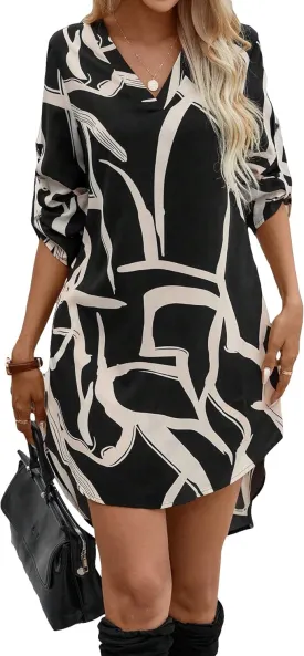 SweatyRocks Women's Graphic Print High Low Hem Short Dress Long Sleeve V Neck Tunic Mini Dresses