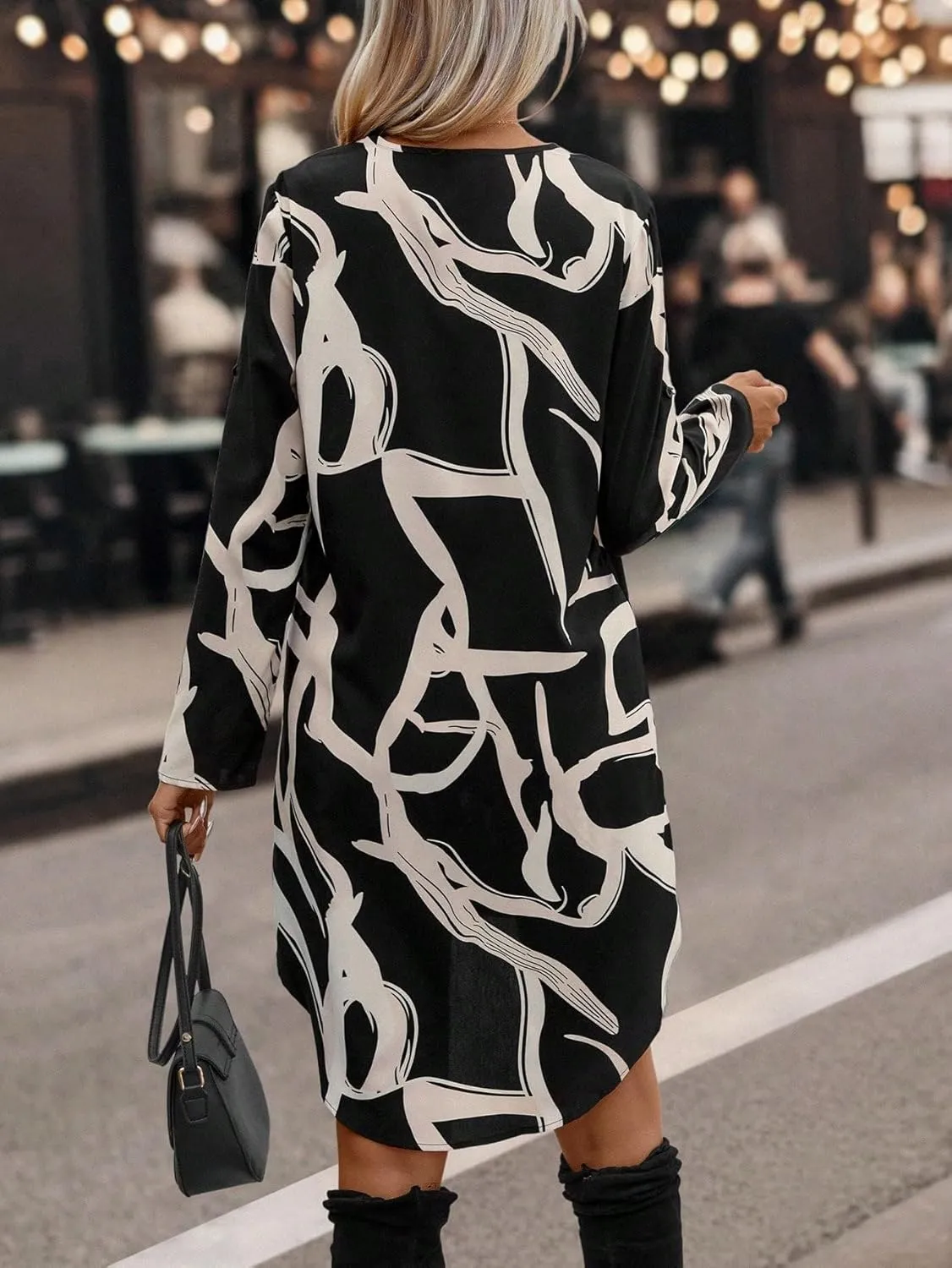 SweatyRocks Women's Graphic Print High Low Hem Short Dress Long Sleeve V Neck Tunic Mini Dresses