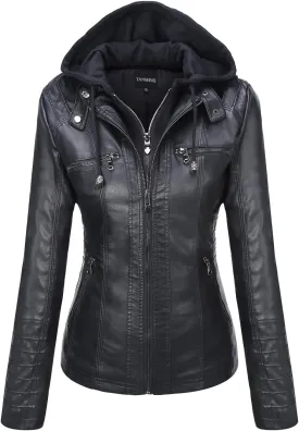 Tanming Women's Removable Hooded Faux Leather Jackets