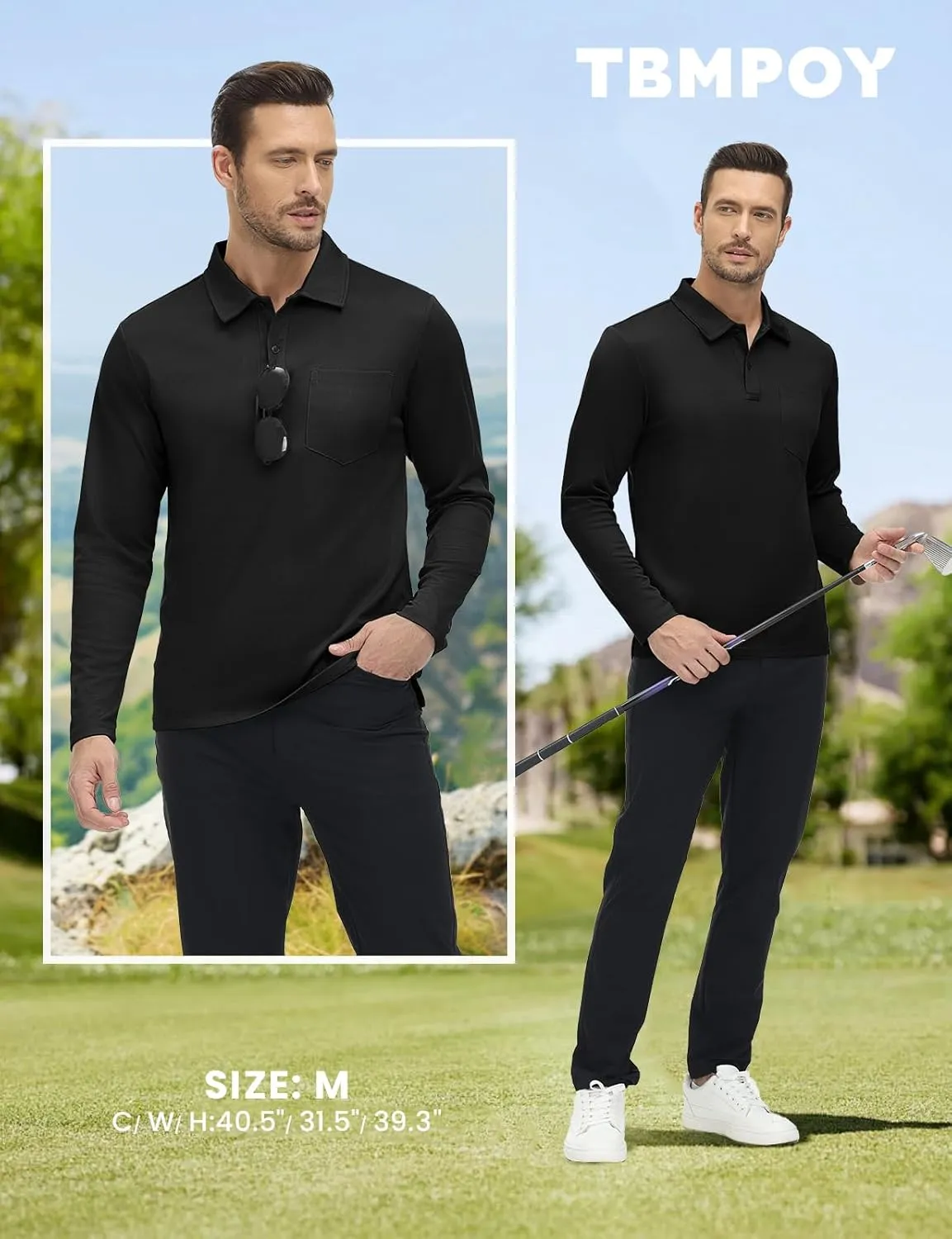 TBMPOY Men's Polo Shirts with Pocket Golf Long Sleeve Quick Dry Lightweight Collared Stylish Moisture Wicking Business Tennis