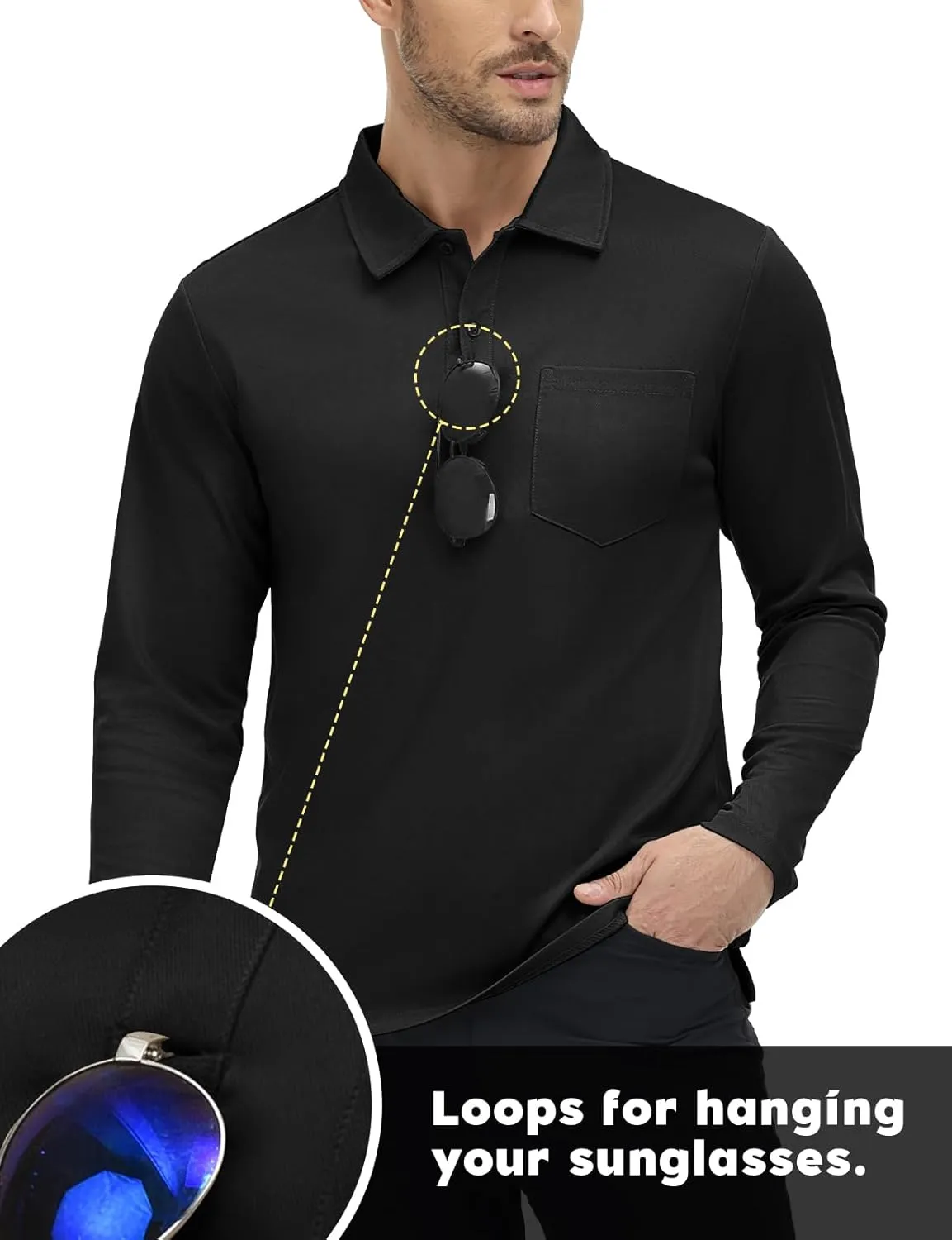 TBMPOY Men's Polo Shirts with Pocket Golf Long Sleeve Quick Dry Lightweight Collared Stylish Moisture Wicking Business Tennis