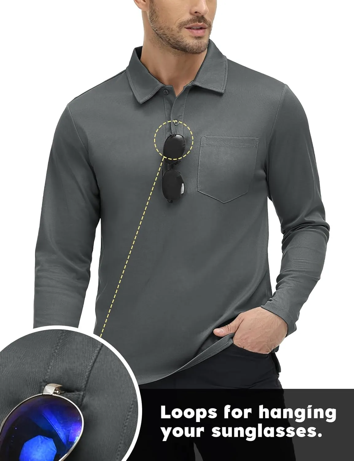 TBMPOY Men's Polo Shirts with Pocket Golf Long Sleeve Quick Dry Lightweight Collared Stylish Moisture Wicking Business Tennis