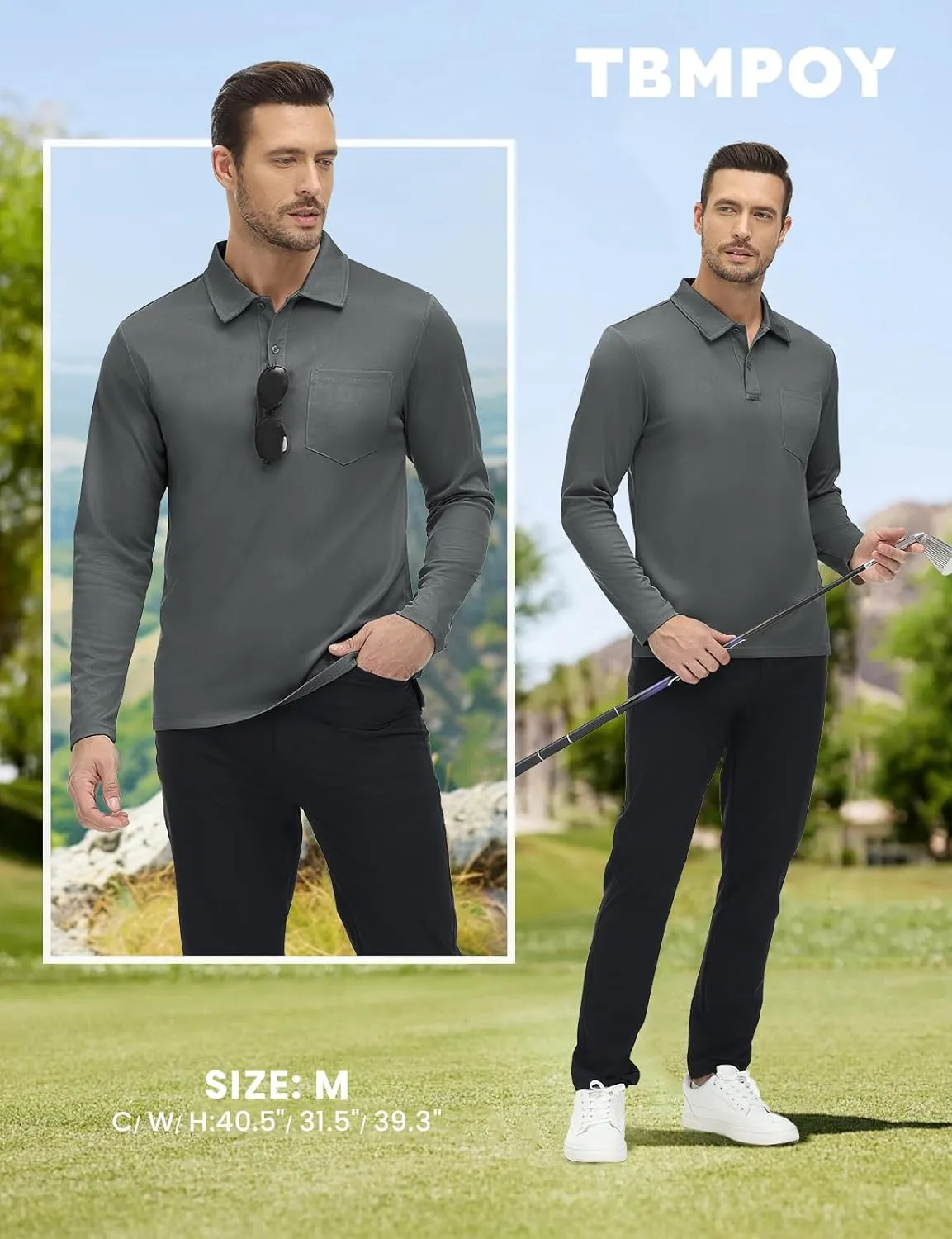 TBMPOY Men's Polo Shirts with Pocket Golf Long Sleeve Quick Dry Lightweight Collared Stylish Moisture Wicking Business Tennis