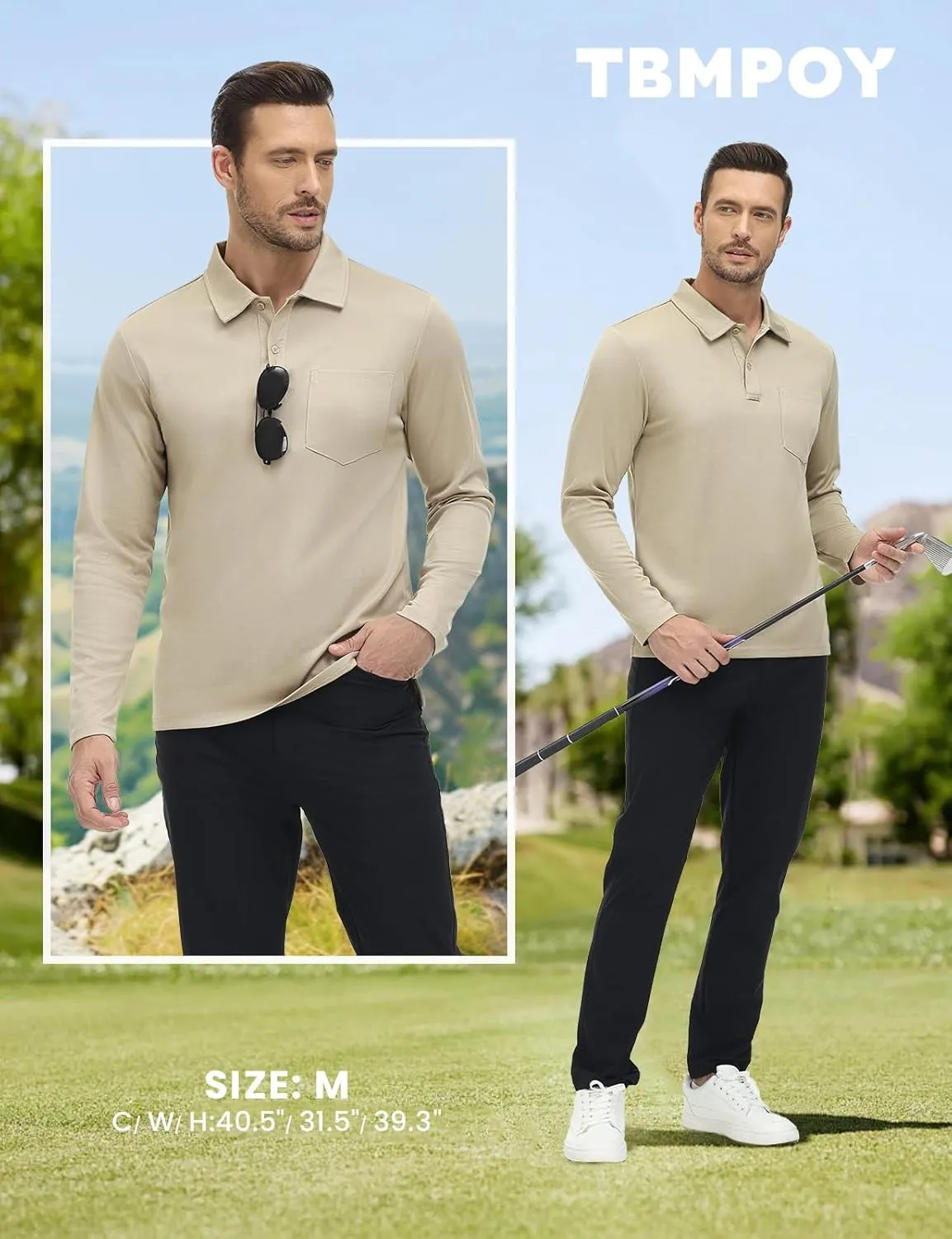 TBMPOY Men's Polo Shirts with Pocket Golf Long Sleeve Quick Dry Lightweight Collared Stylish Moisture Wicking Business Tennis
