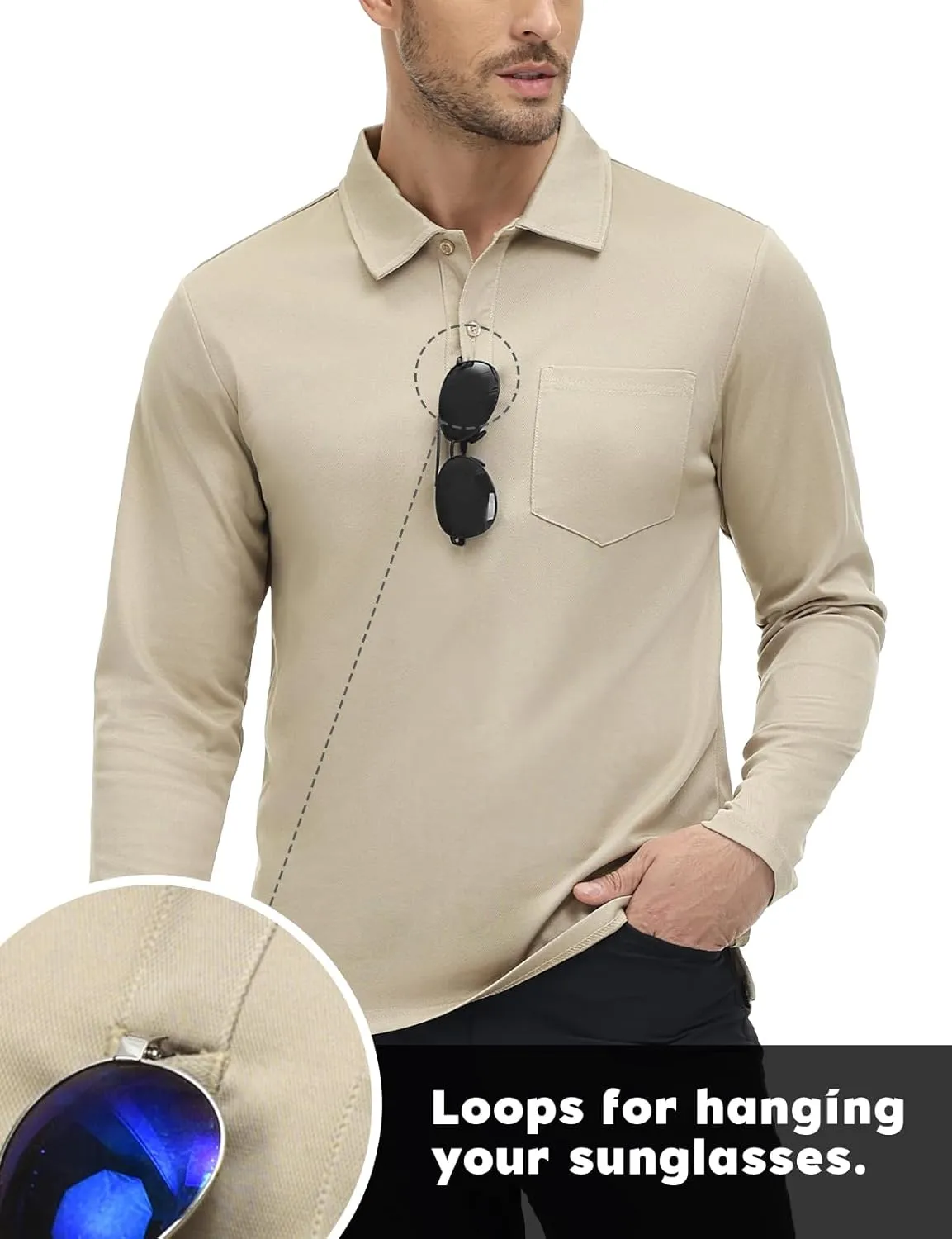 TBMPOY Men's Polo Shirts with Pocket Golf Long Sleeve Quick Dry Lightweight Collared Stylish Moisture Wicking Business Tennis