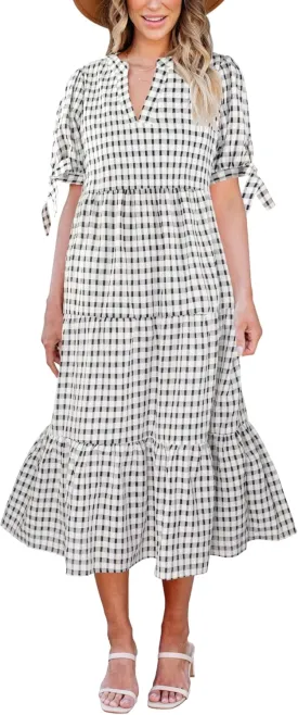 Theenkoln Womens Casual Midi Dress: Short Sleeve V-Neck Empire Waist Gingham Spring Fashion Long Trendy Tiered Formal Dresses