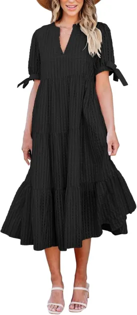 Theenkoln Womens Casual Midi Dress: Short Sleeve V-Neck Empire Waist Gingham Spring Fashion Long Trendy Tiered Formal Dresses