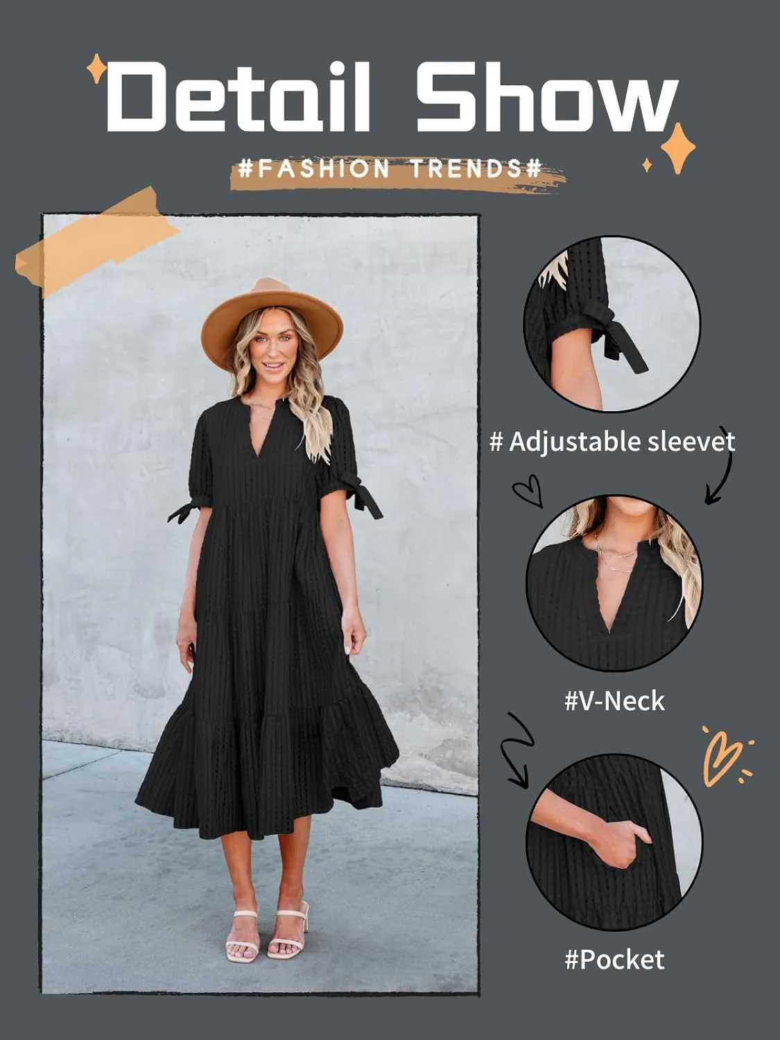 Theenkoln Womens Casual Midi Dress: Short Sleeve V-Neck Empire Waist Gingham Spring Fashion Long Trendy Tiered Formal Dresses