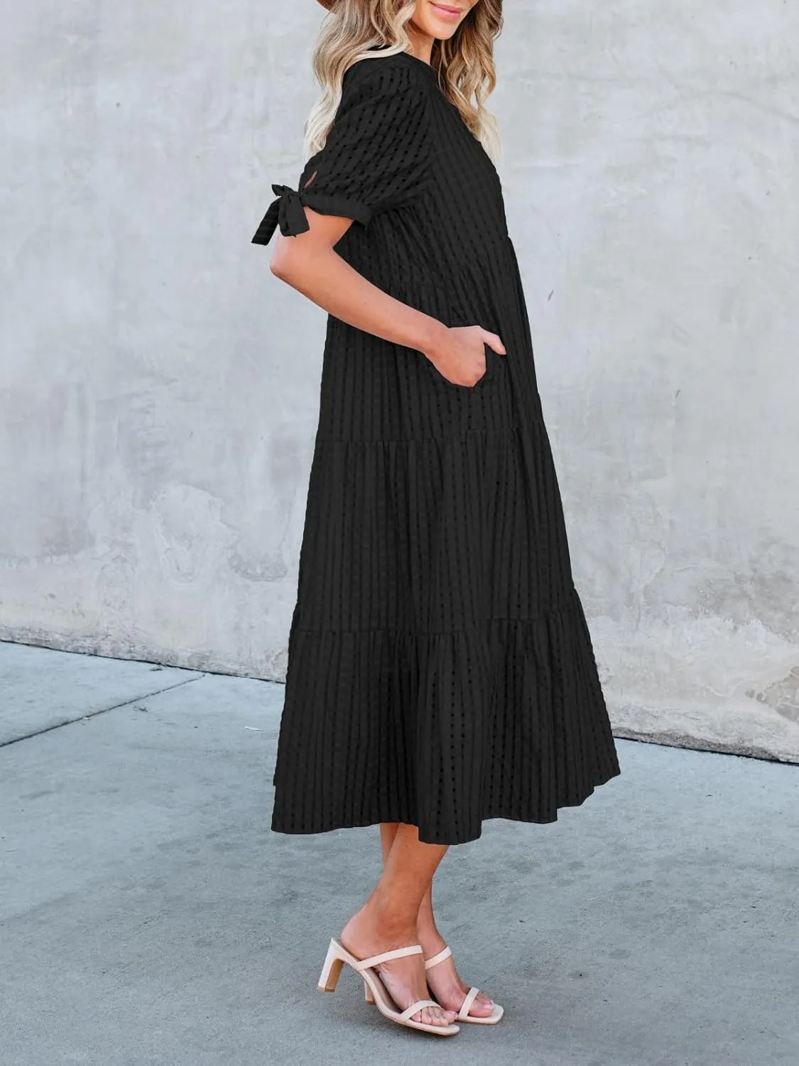 Theenkoln Womens Casual Midi Dress: Short Sleeve V-Neck Empire Waist Gingham Spring Fashion Long Trendy Tiered Formal Dresses