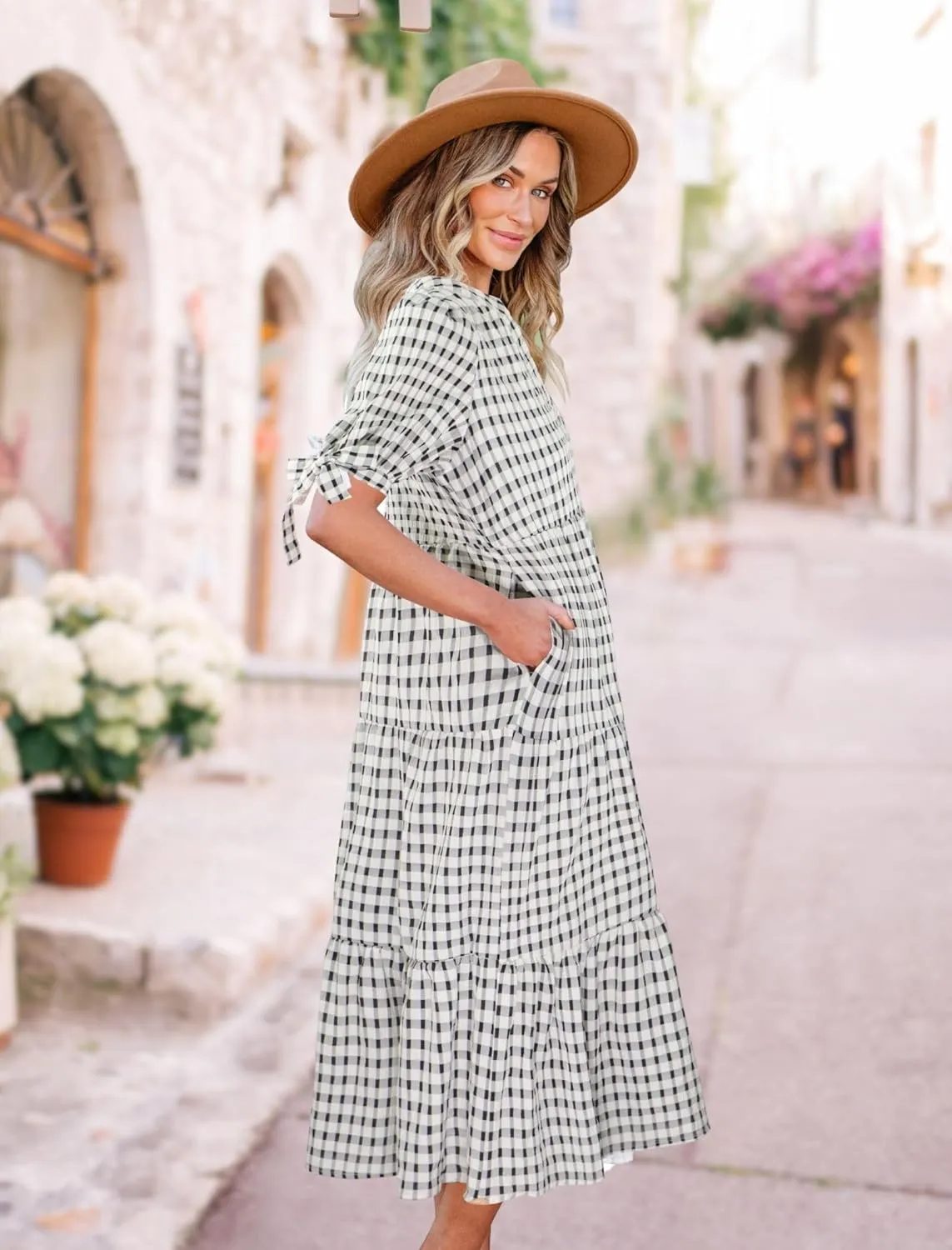 Theenkoln Womens Casual Midi Dress: Short Sleeve V-Neck Empire Waist Gingham Spring Fashion Long Trendy Tiered Formal Dresses