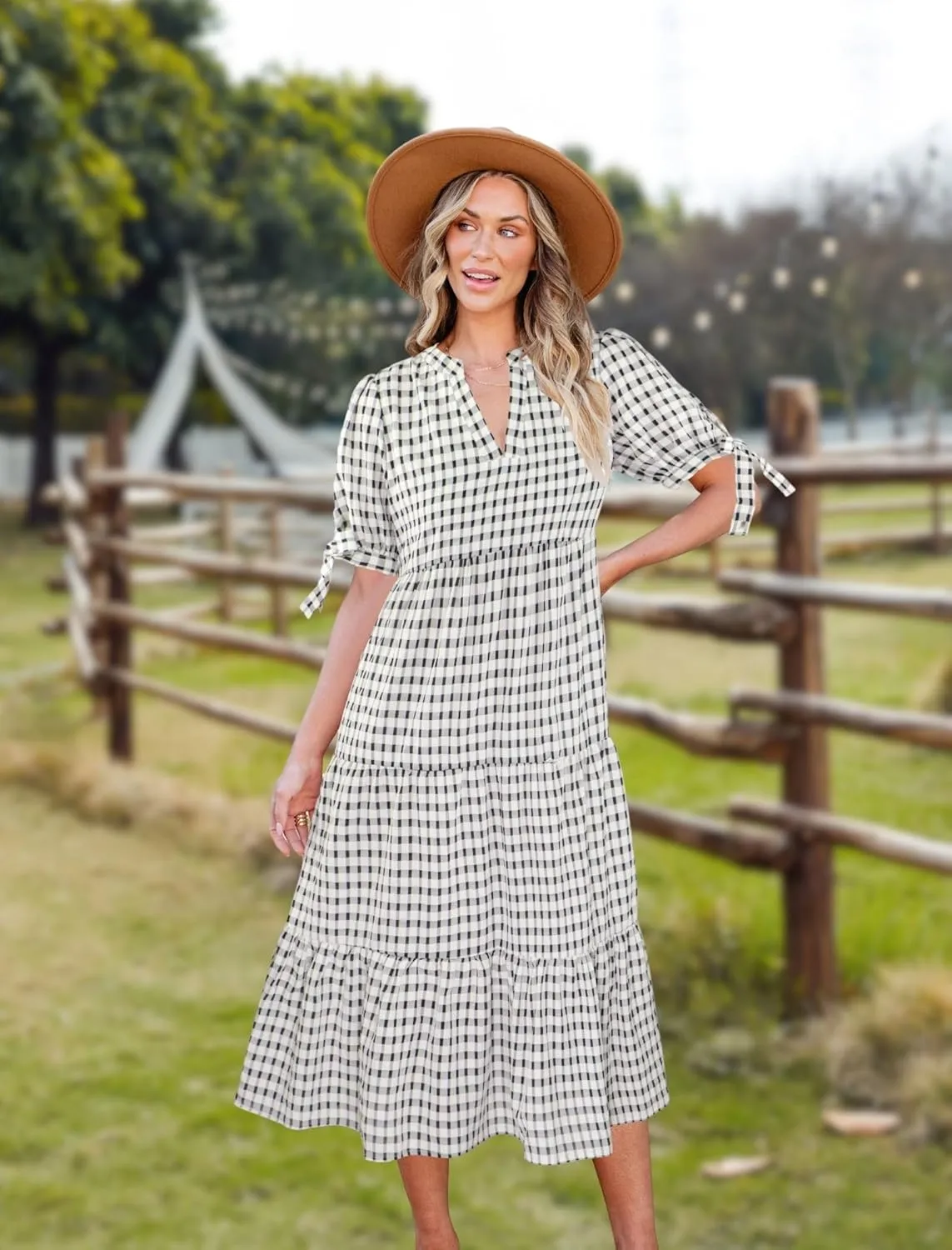 Theenkoln Womens Casual Midi Dress: Short Sleeve V-Neck Empire Waist Gingham Spring Fashion Long Trendy Tiered Formal Dresses