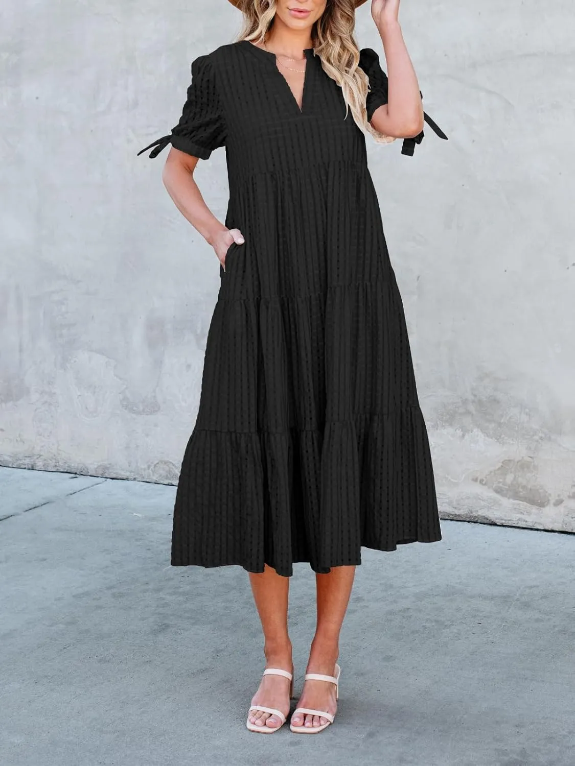 Theenkoln Womens Casual Midi Dress: Short Sleeve V-Neck Empire Waist Gingham Spring Fashion Long Trendy Tiered Formal Dresses