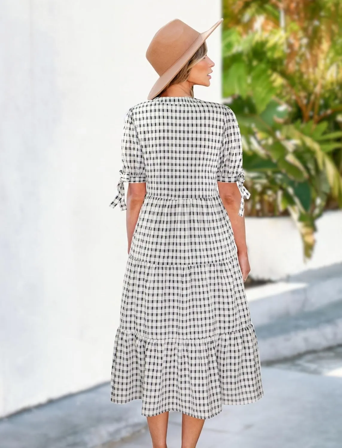 Theenkoln Womens Casual Midi Dress: Short Sleeve V-Neck Empire Waist Gingham Spring Fashion Long Trendy Tiered Formal Dresses
