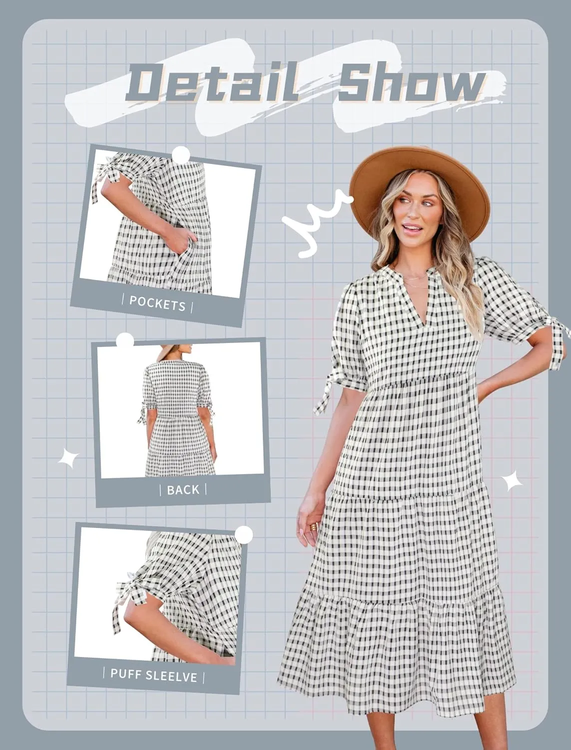 Theenkoln Womens Casual Midi Dress: Short Sleeve V-Neck Empire Waist Gingham Spring Fashion Long Trendy Tiered Formal Dresses