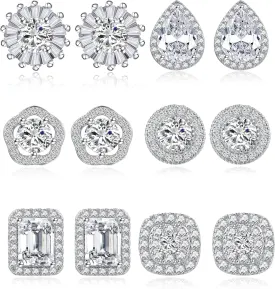 Tornito 6 Pairs Cubic Zirconia Stud Earrings Round Square Teardrop Flower Halo Rhinestone Earrings Bride Bridesmaids Proposal Wedding Dance Stage Performance CZ Crystal Earring Jewelry Gifts for Women