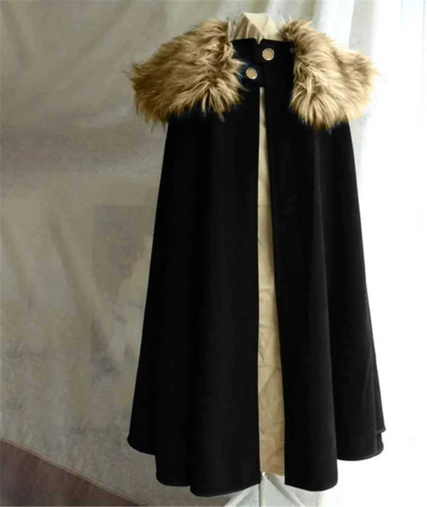 tuduoms Cloak Coat for Men Black Vintage Coat Winter Warm Gothic Wool Faux Fur Collar Long Cape Cloak Celtic Wool Cape Coat