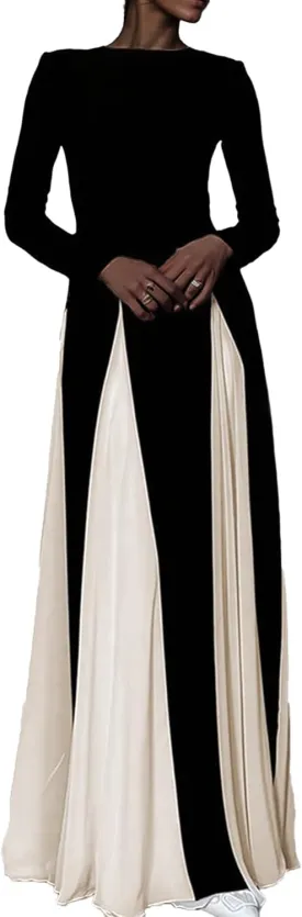Unybwonn Wedding Guest Dresses for Women Elegant Patchwork Pleated Swing Long Dress Color Block Formal Flowy Maxi Dress