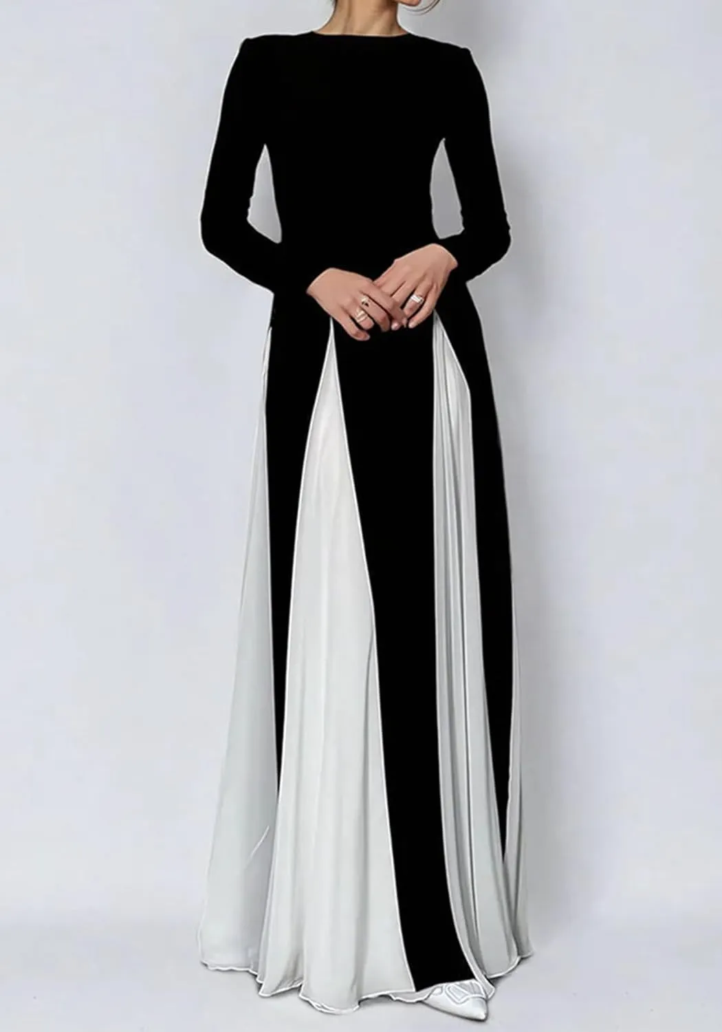 Unybwonn Wedding Guest Dresses for Women Elegant Patchwork Pleated Swing Long Dress Color Block Formal Flowy Maxi Dress