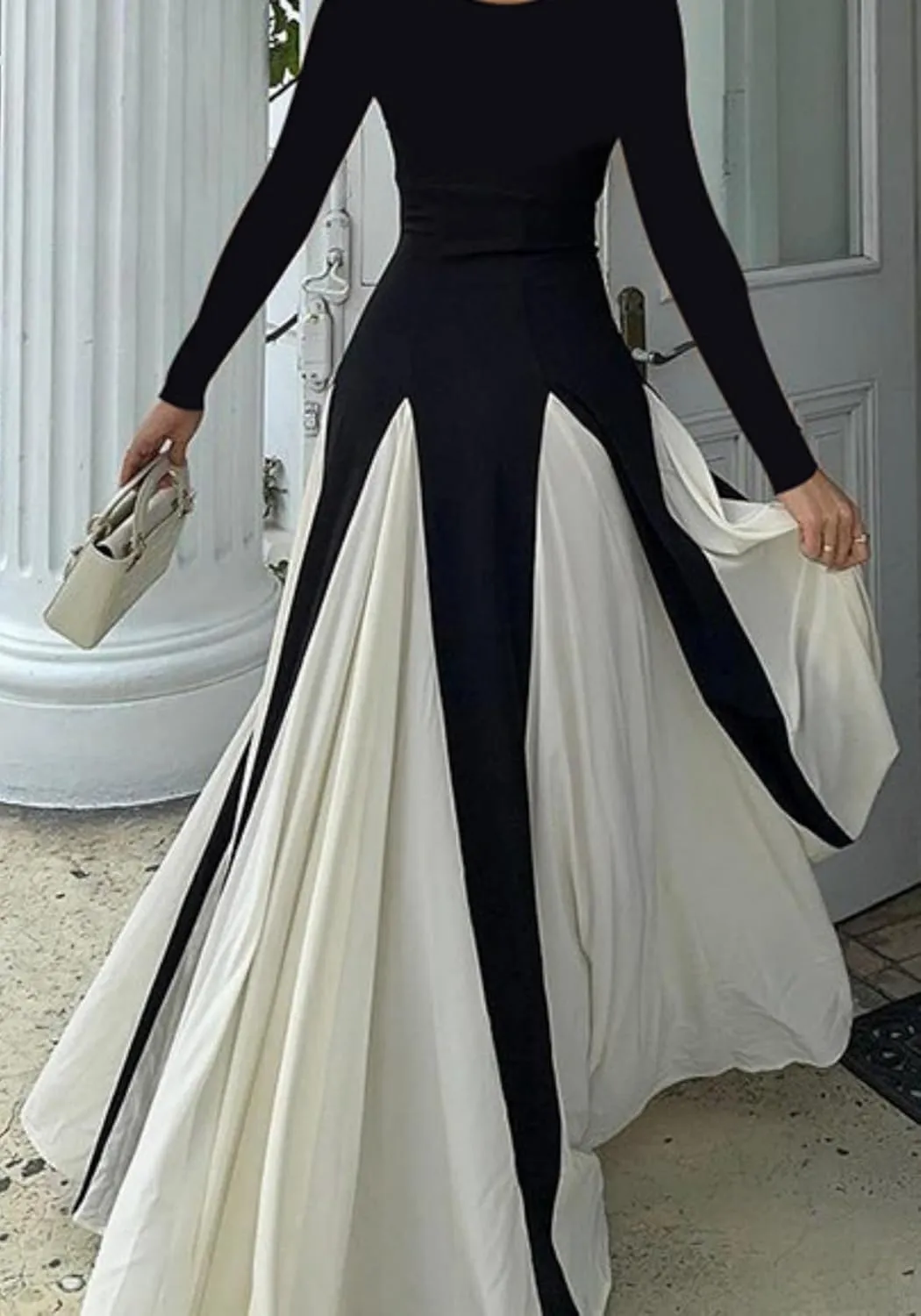 Unybwonn Wedding Guest Dresses for Women Elegant Patchwork Pleated Swing Long Dress Color Block Formal Flowy Maxi Dress