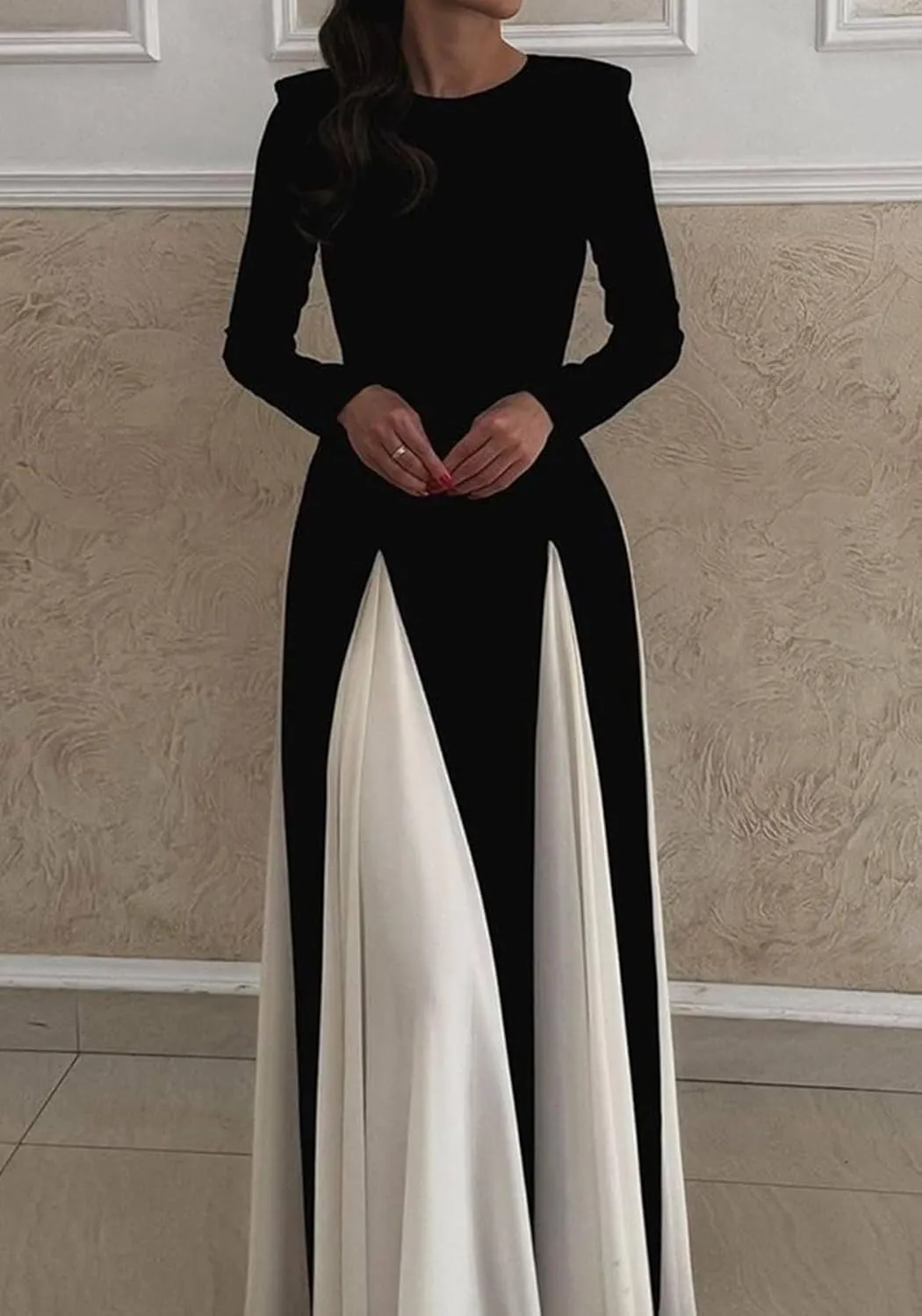 Unybwonn Wedding Guest Dresses for Women Elegant Patchwork Pleated Swing Long Dress Color Block Formal Flowy Maxi Dress