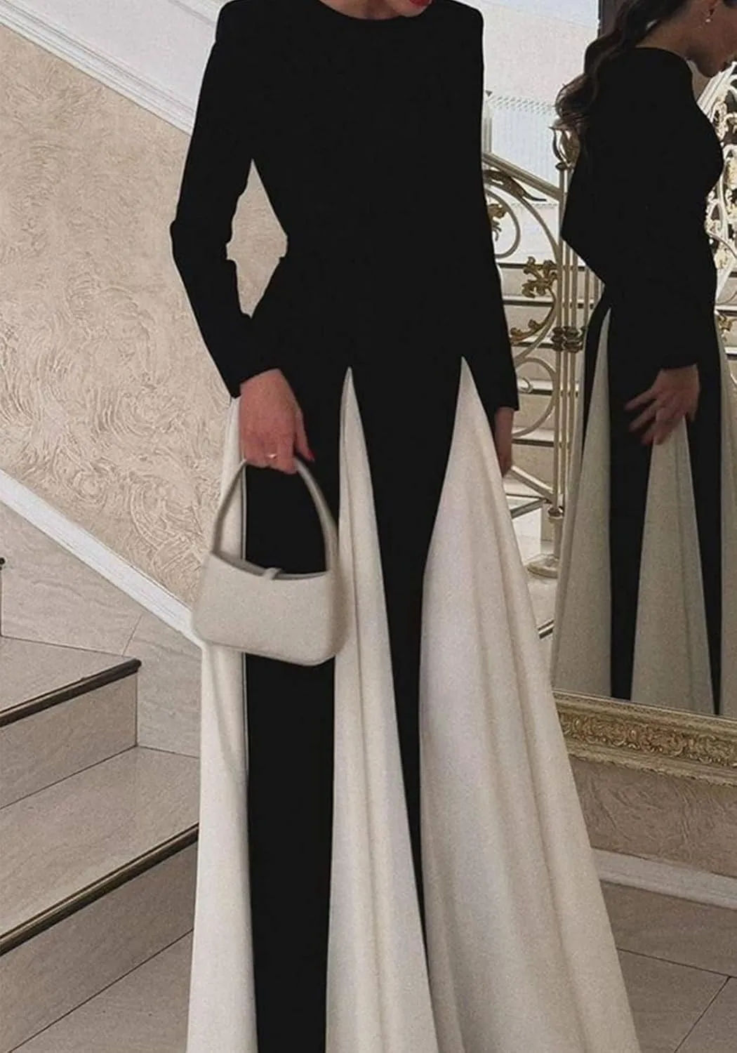 Unybwonn Wedding Guest Dresses for Women Elegant Patchwork Pleated Swing Long Dress Color Block Formal Flowy Maxi Dress