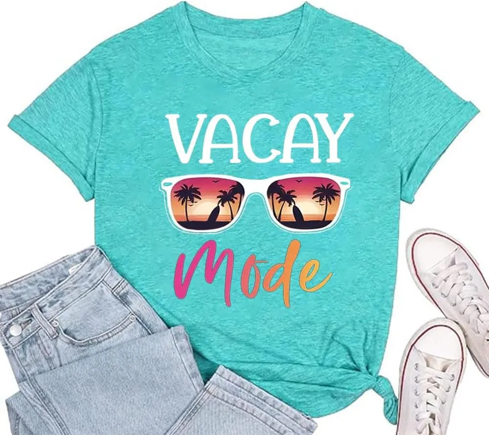 Vacay Mode T Shirts for Women Summer Beach Hawaii Vacation Short Sleeve Tops Holiday Cruise Getaway T Shirts