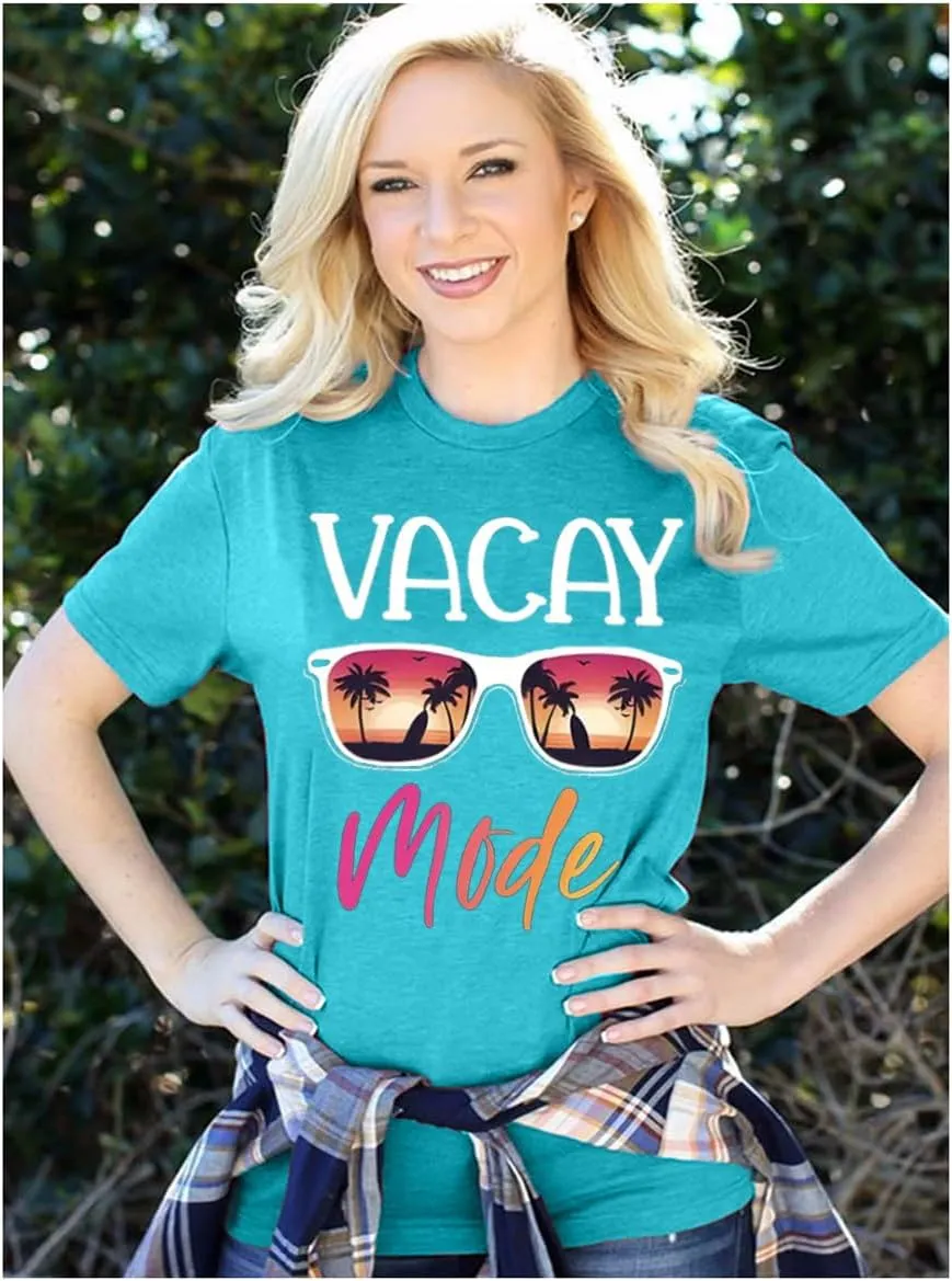 Vacay Mode T Shirts for Women Summer Beach Hawaii Vacation Short Sleeve Tops Holiday Cruise Getaway T Shirts