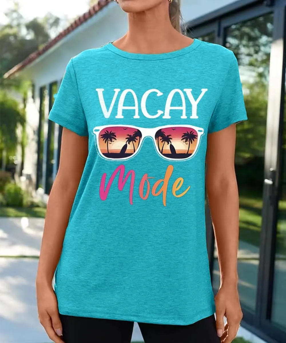 Vacay Mode T Shirts for Women Summer Beach Hawaii Vacation Short Sleeve Tops Holiday Cruise Getaway T Shirts