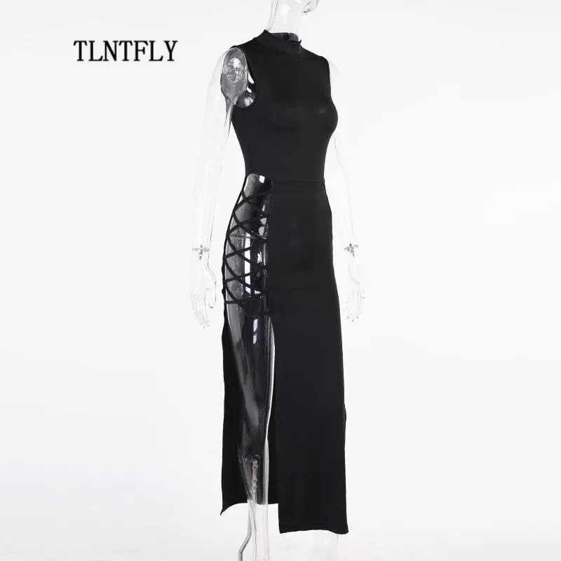 VenusFox Maxi Dresses For Women Party Sexy Summer Bodycon Hollow Nightclub Prom Sleeveless High Split Bandage Black