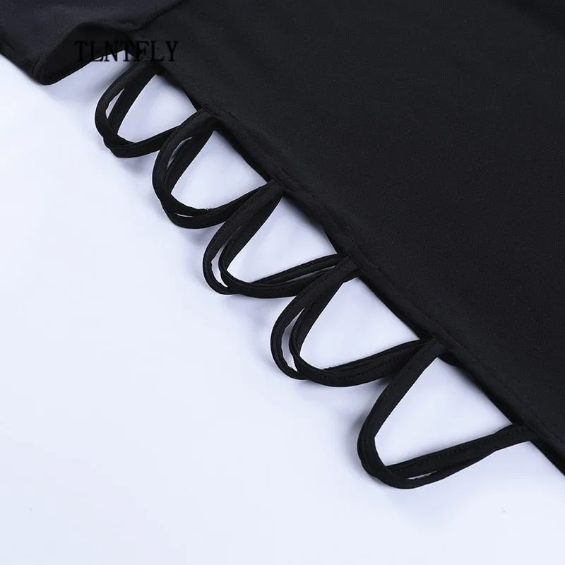 VenusFox Maxi Dresses For Women Party Sexy Summer Bodycon Hollow Nightclub Prom Sleeveless High Split Bandage Black