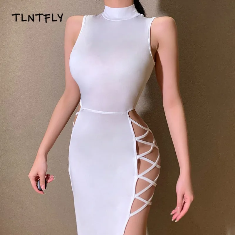 VenusFox Maxi Dresses For Women Party Sexy Summer Bodycon Hollow Nightclub Prom Sleeveless High Split Bandage Black