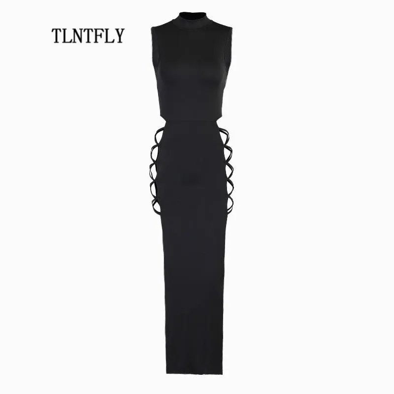 VenusFox Maxi Dresses For Women Party Sexy Summer Bodycon Hollow Nightclub Prom Sleeveless High Split Bandage Black
