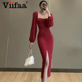 VenusFox Sweetheart Neck High Waist Split Hem Elegant Party Women Midi Dress Bishop Sleeve Autumn Bodycon Ladies Pencil Dresses