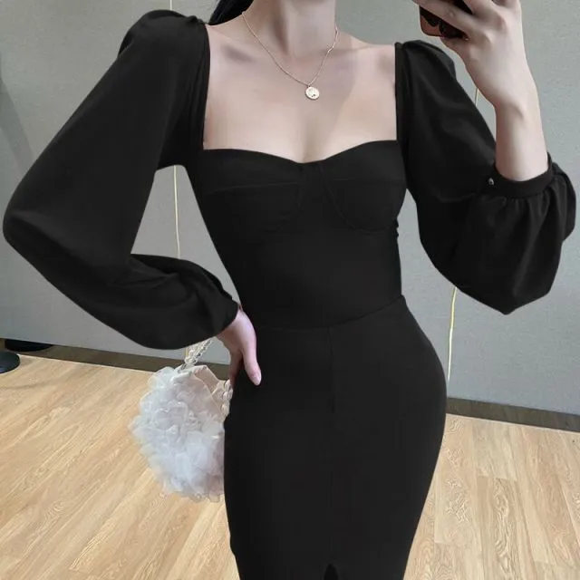 VenusFox Sweetheart Neck High Waist Split Hem Elegant Party Women Midi Dress Bishop Sleeve Autumn Bodycon Ladies Pencil Dresses
