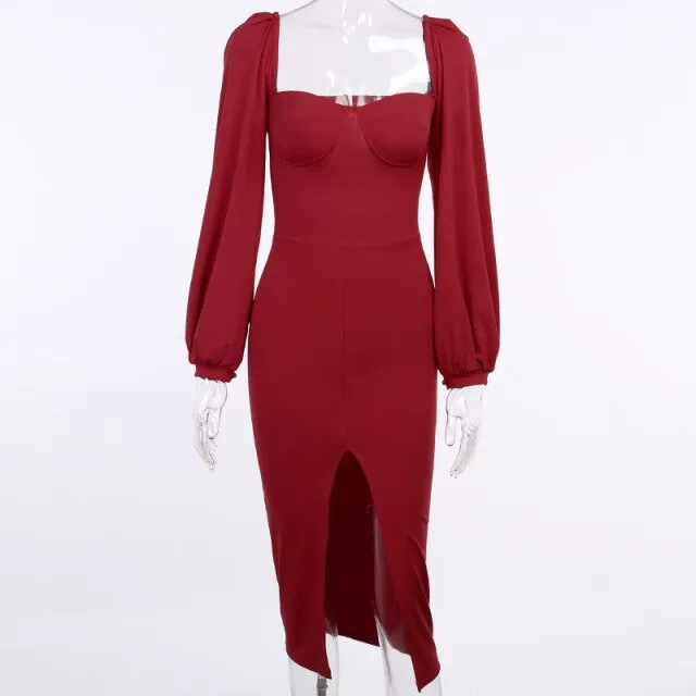VenusFox Sweetheart Neck High Waist Split Hem Elegant Party Women Midi Dress Bishop Sleeve Autumn Bodycon Ladies Pencil Dresses