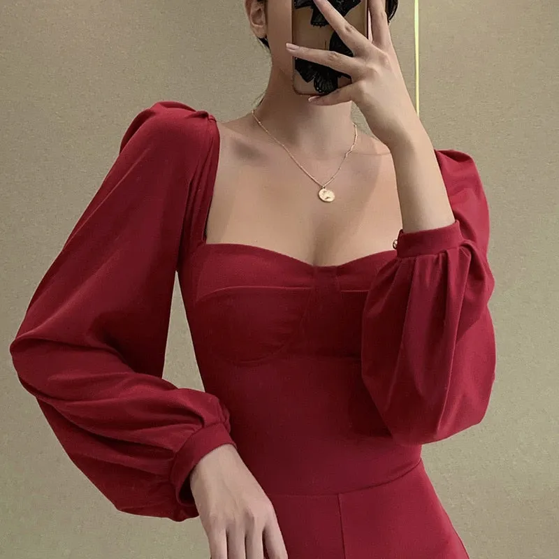 VenusFox Sweetheart Neck High Waist Split Hem Elegant Party Women Midi Dress Bishop Sleeve Autumn Bodycon Ladies Pencil Dresses