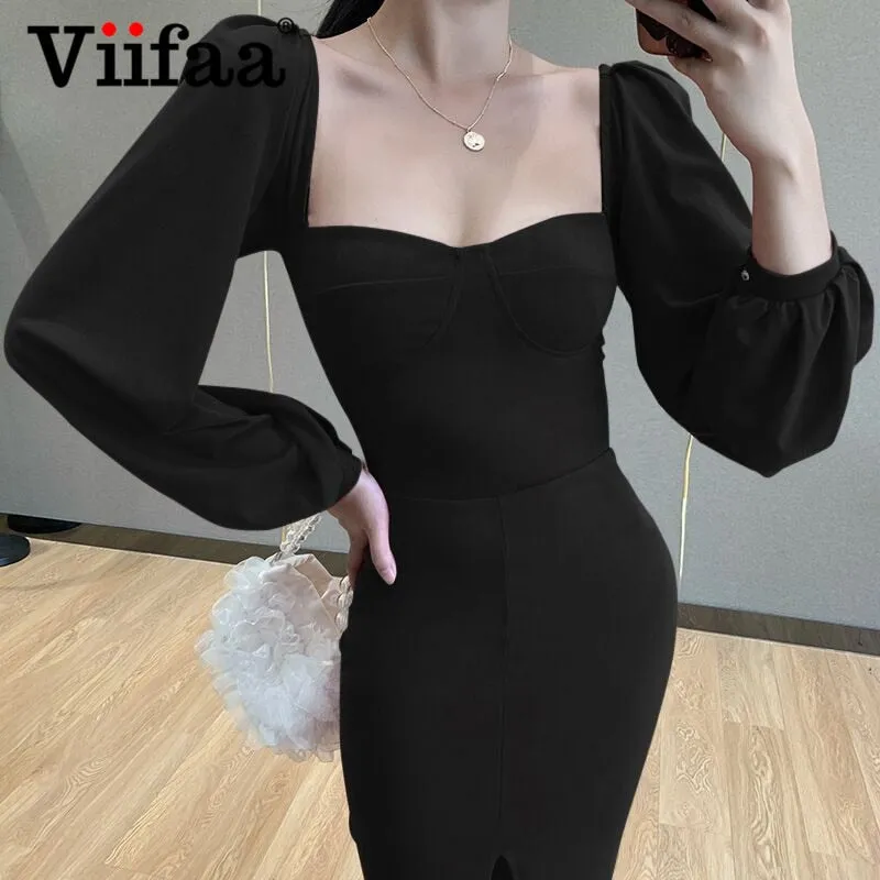VenusFox Sweetheart Neck High Waist Split Hem Elegant Party Women Midi Dress Bishop Sleeve Autumn Bodycon Ladies Pencil Dresses