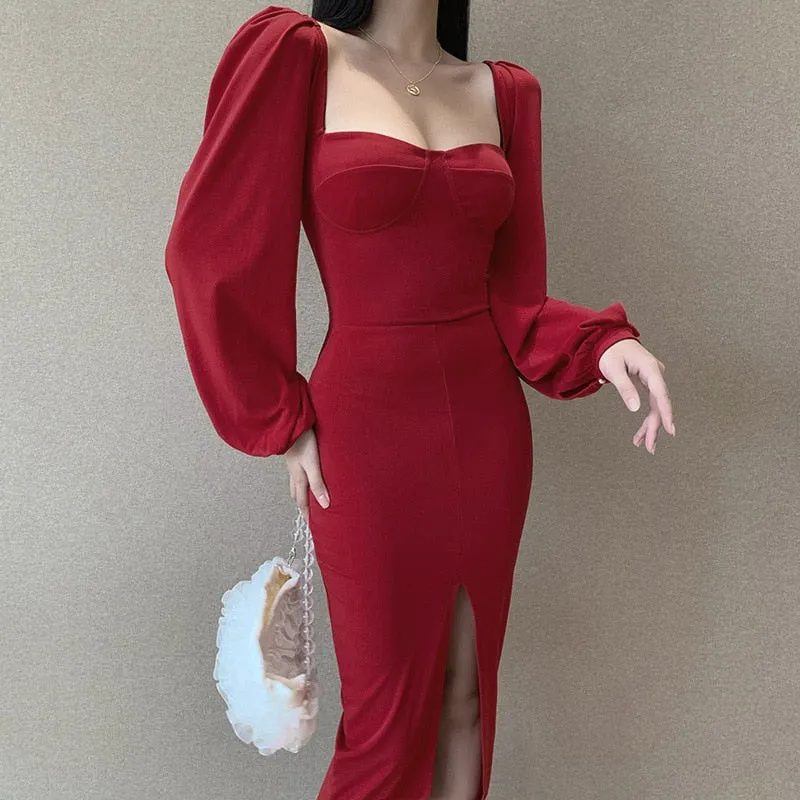 VenusFox Sweetheart Neck High Waist Split Hem Elegant Party Women Midi Dress Bishop Sleeve Autumn Bodycon Ladies Pencil Dresses