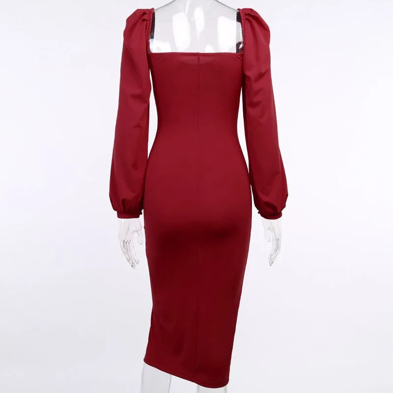 VenusFox Sweetheart Neck High Waist Split Hem Elegant Party Women Midi Dress Bishop Sleeve Autumn Bodycon Ladies Pencil Dresses