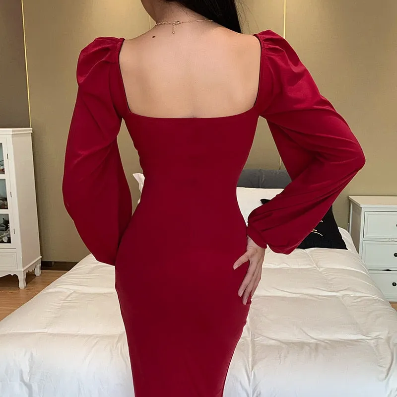 VenusFox Sweetheart Neck High Waist Split Hem Elegant Party Women Midi Dress Bishop Sleeve Autumn Bodycon Ladies Pencil Dresses